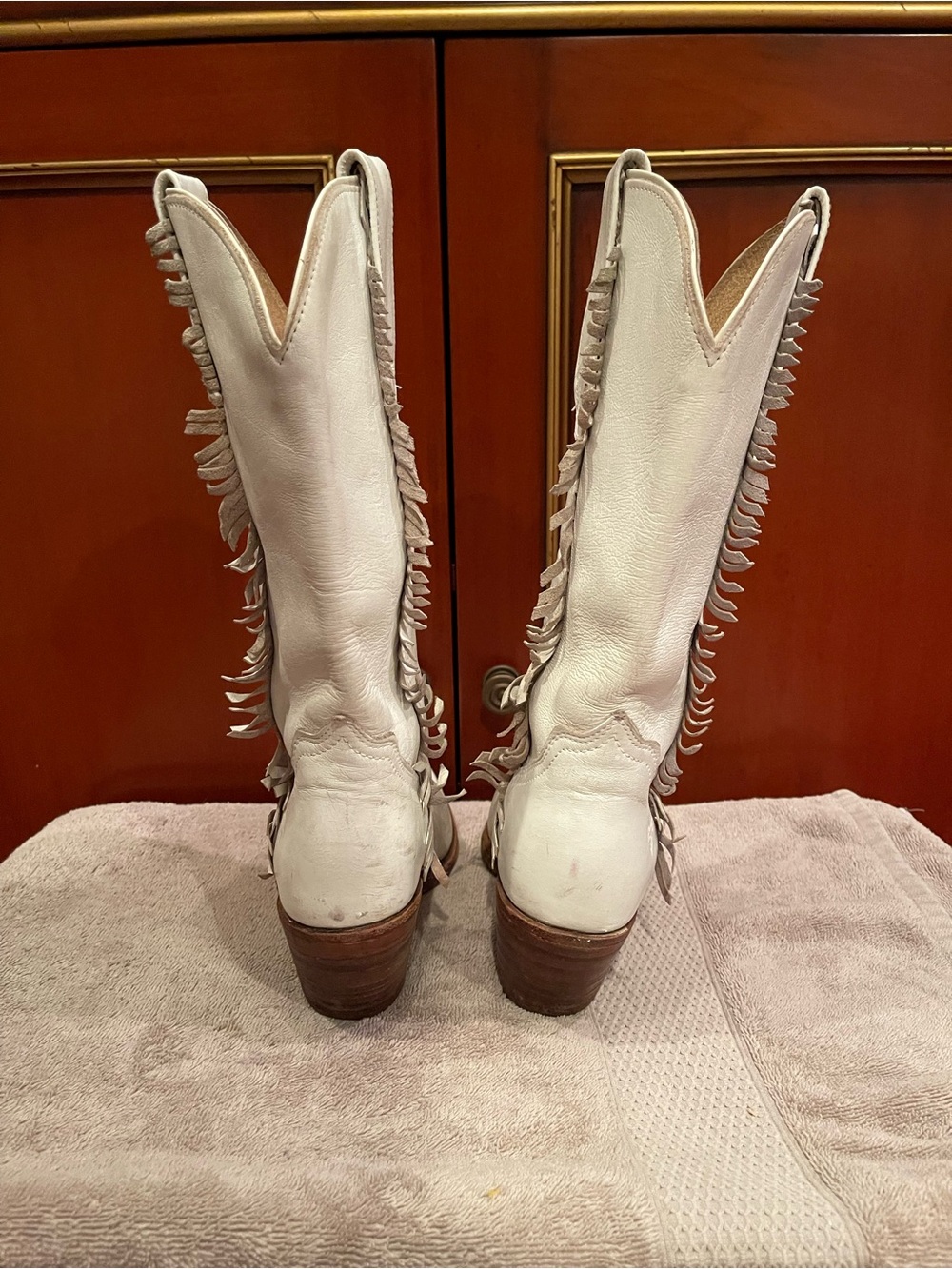FRYE vintage white leather fringe cowboy boots size 7 western festival - Picture 2 of 9